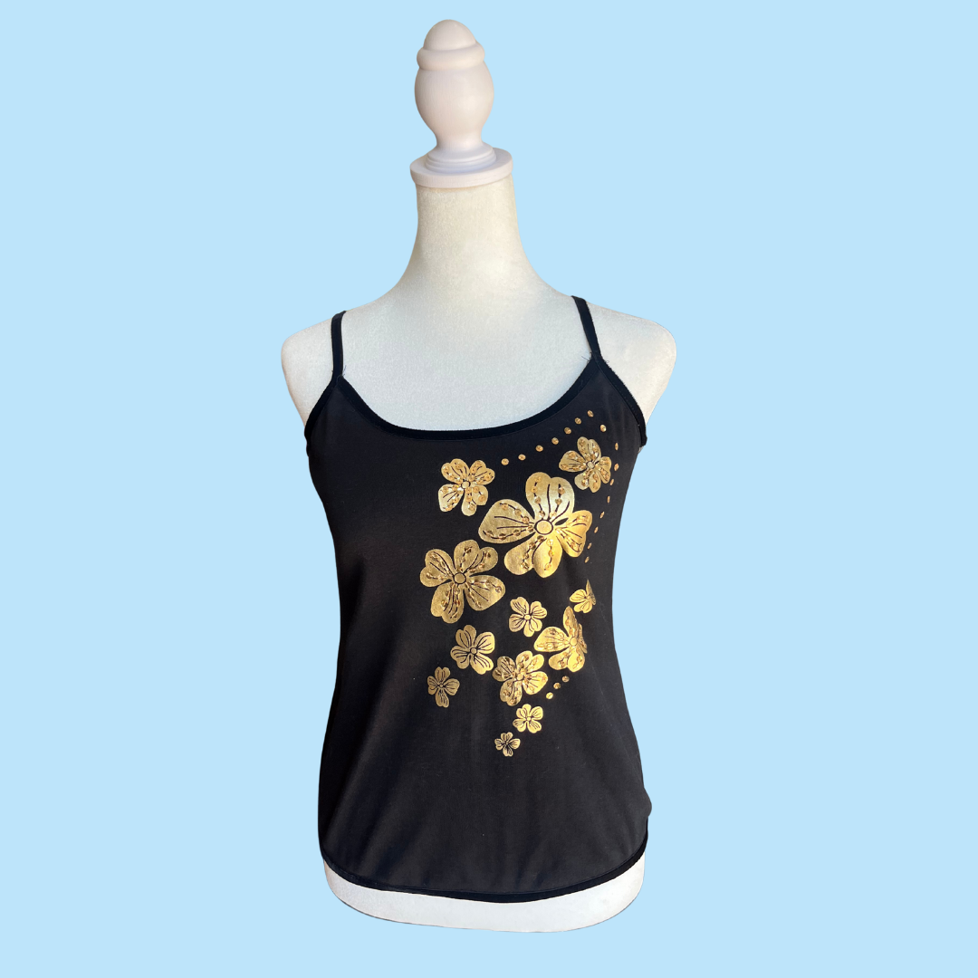 gold flowers black tank
