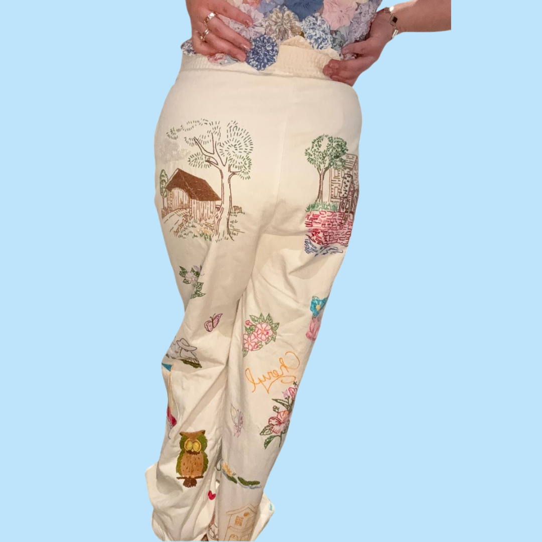 white embroidered pants