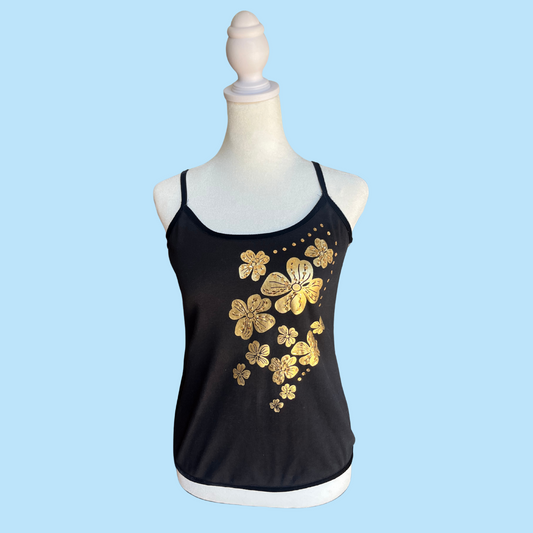 gold flowers black tank