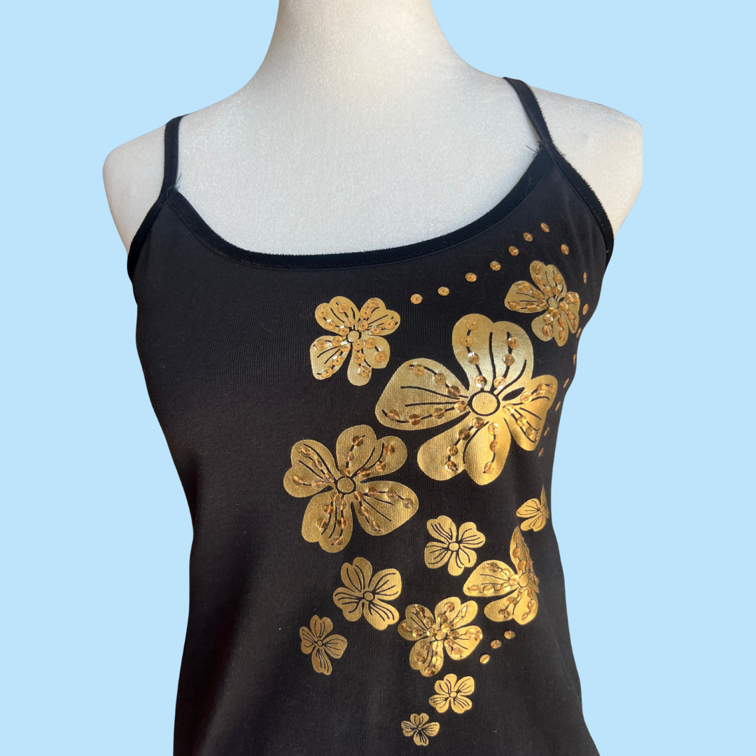 gold flowers black tank