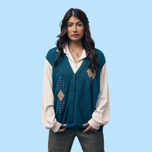 green & tan collared sweater