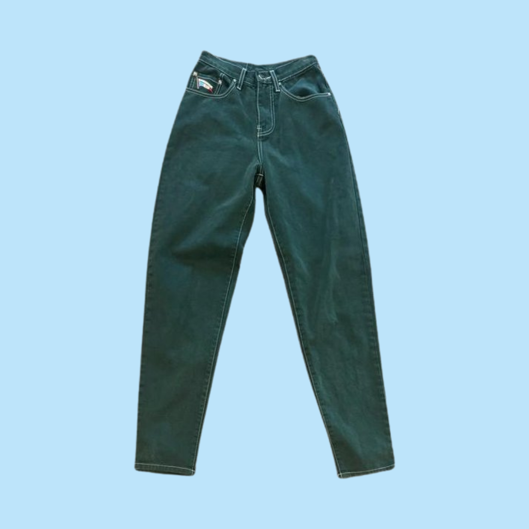 facconable green denim trousers