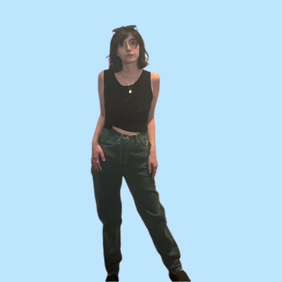 facconable green denim trousers