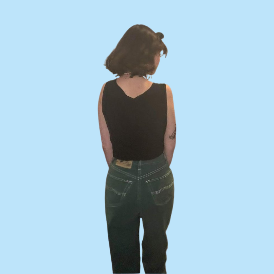 facconable green denim trousers