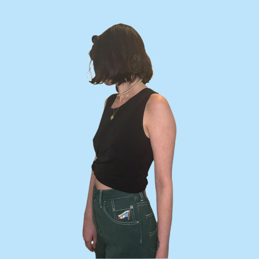 facconable green denim trousers