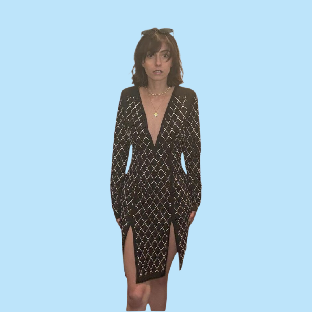 hms black rhinestone dress